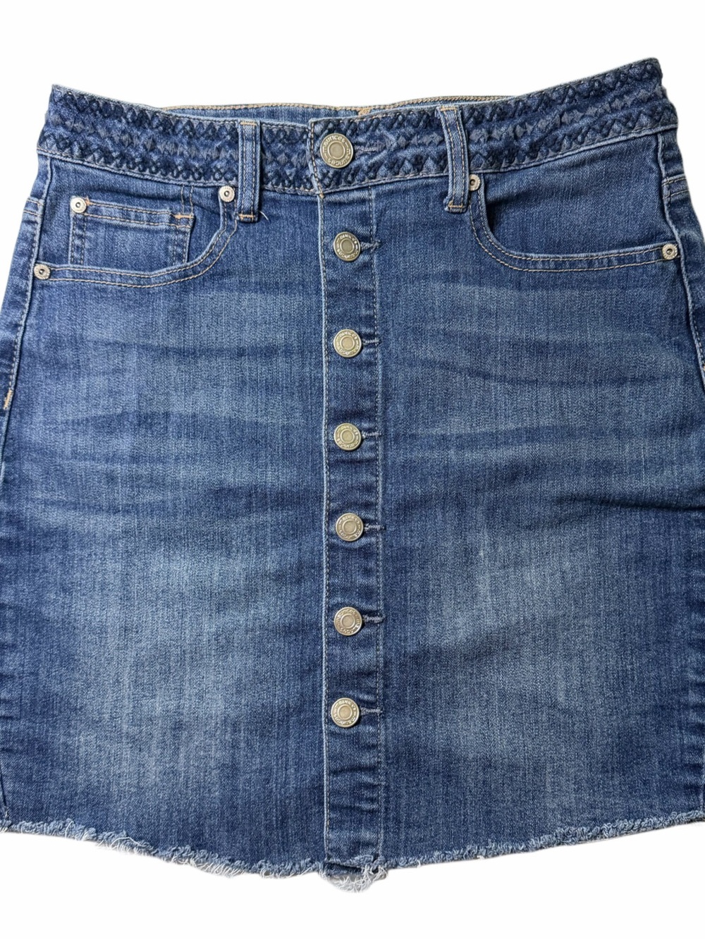 Maurice’s Jean Mini Skirt Size 3/4 Button Front Denim Embroidered Waist Raw Hem